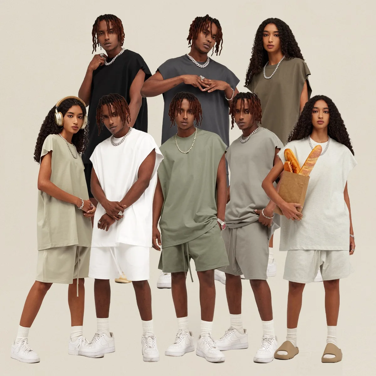 

Комплект оверсайз: футболка и шорты, в американском стиле, модный, для пар, в стиле High Street, в земляных тонах, 2025