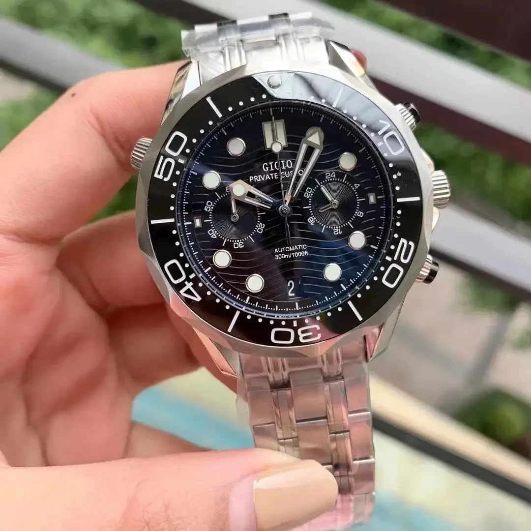 Montre chronographe à Quartz pour hommes, 44mm, haute qualité, noir, bleu, céramique, acier inoxydable, caoutchouc lumineux, or Rose