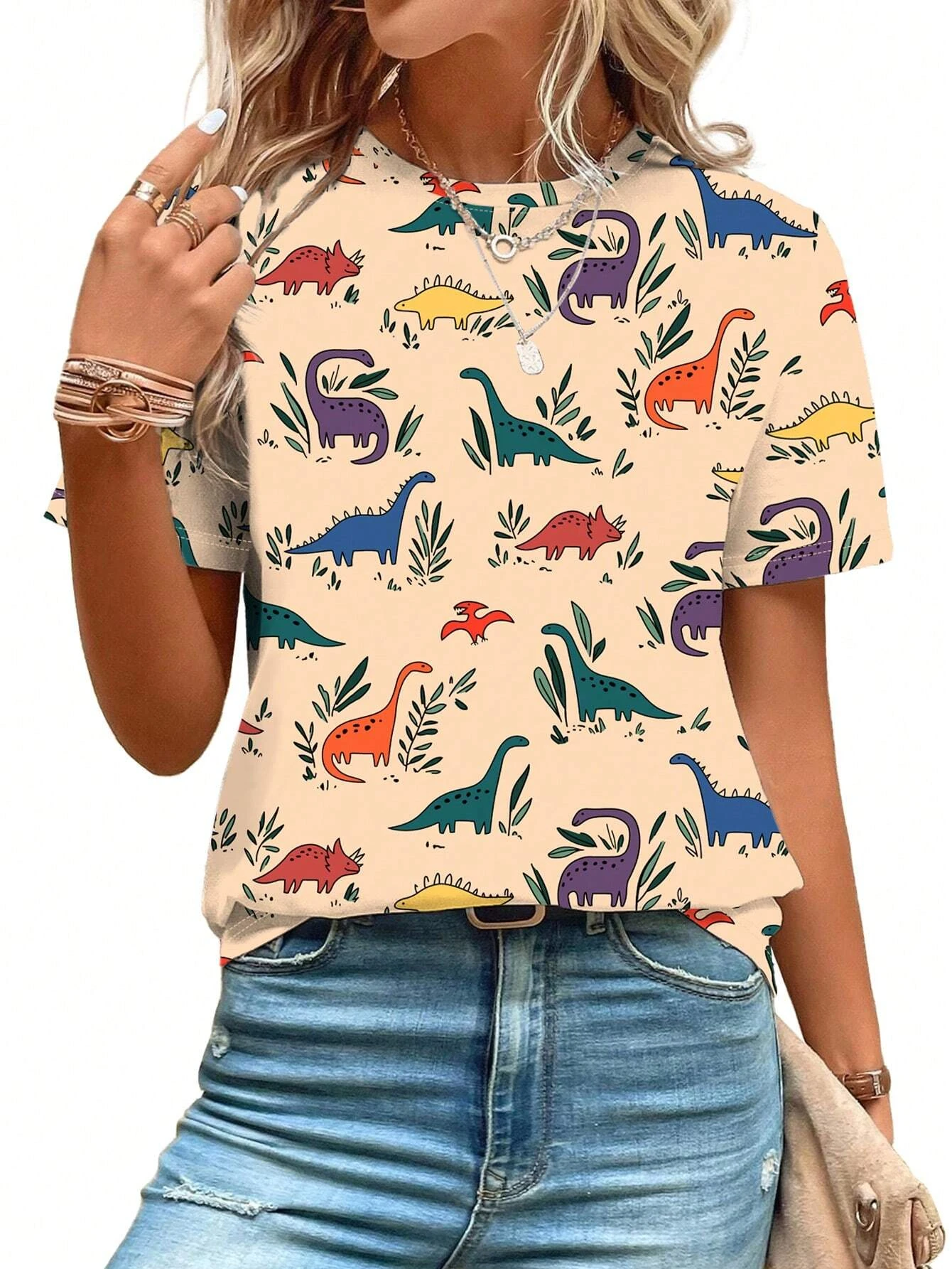 2025 Casual Sports Women's T-shirt Summer New Round Neck Short Sleeve Cartoon Dinosaur Loose Light Fabric Casual Women's T-shirt