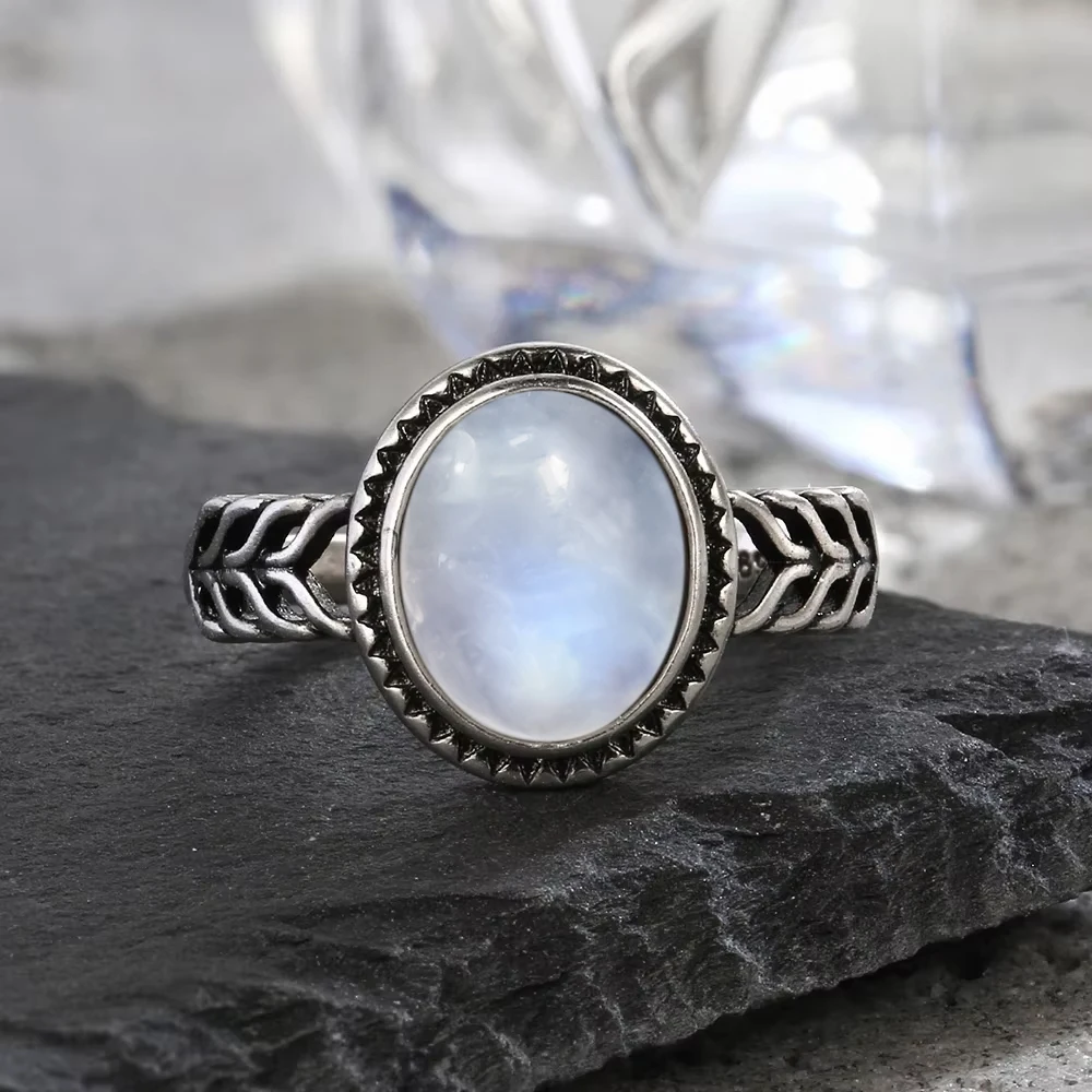 925 srebrny pierścionek 8x10MM owalny naturalny kamień księżycowy Vintage pierścionki wysokiej jakości moda damska piękna biżuteria