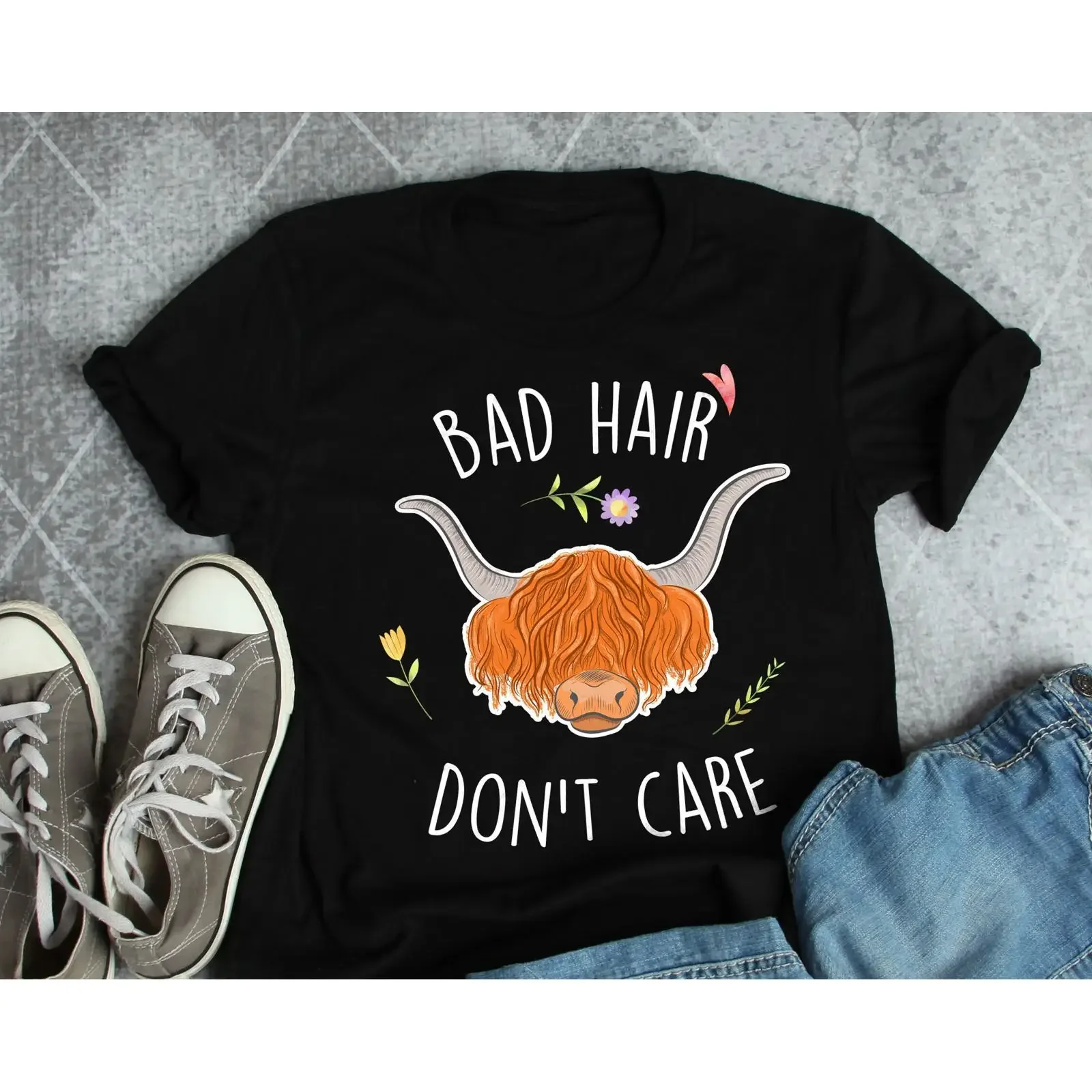 Bad Hair Don't Care Highland Cow T Shirt Funny Lover Cute Scottish Hairy for Farmer Rancher Homestead vintage Washed