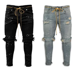 Ripped Hole Jeans for Men Hip Hop Cargo Pant Distressed Light Blue Denim Jeans Skinny Men Clothing Full Length Autumn Trousers