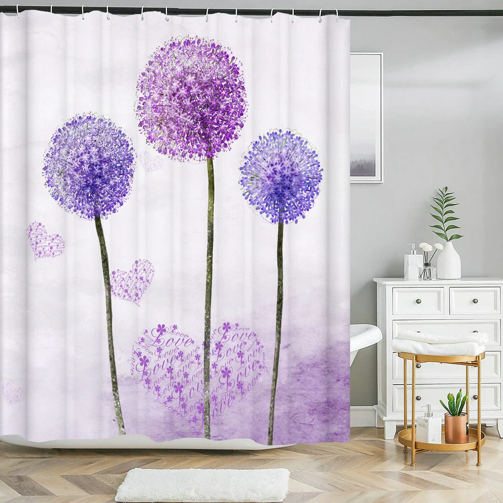 Dandelion Fabric Shower Curtain Purple Flower Bathroom Curtains Set Anti-skid Rugs Toilet Lid Cover Bath Mat Home Decor