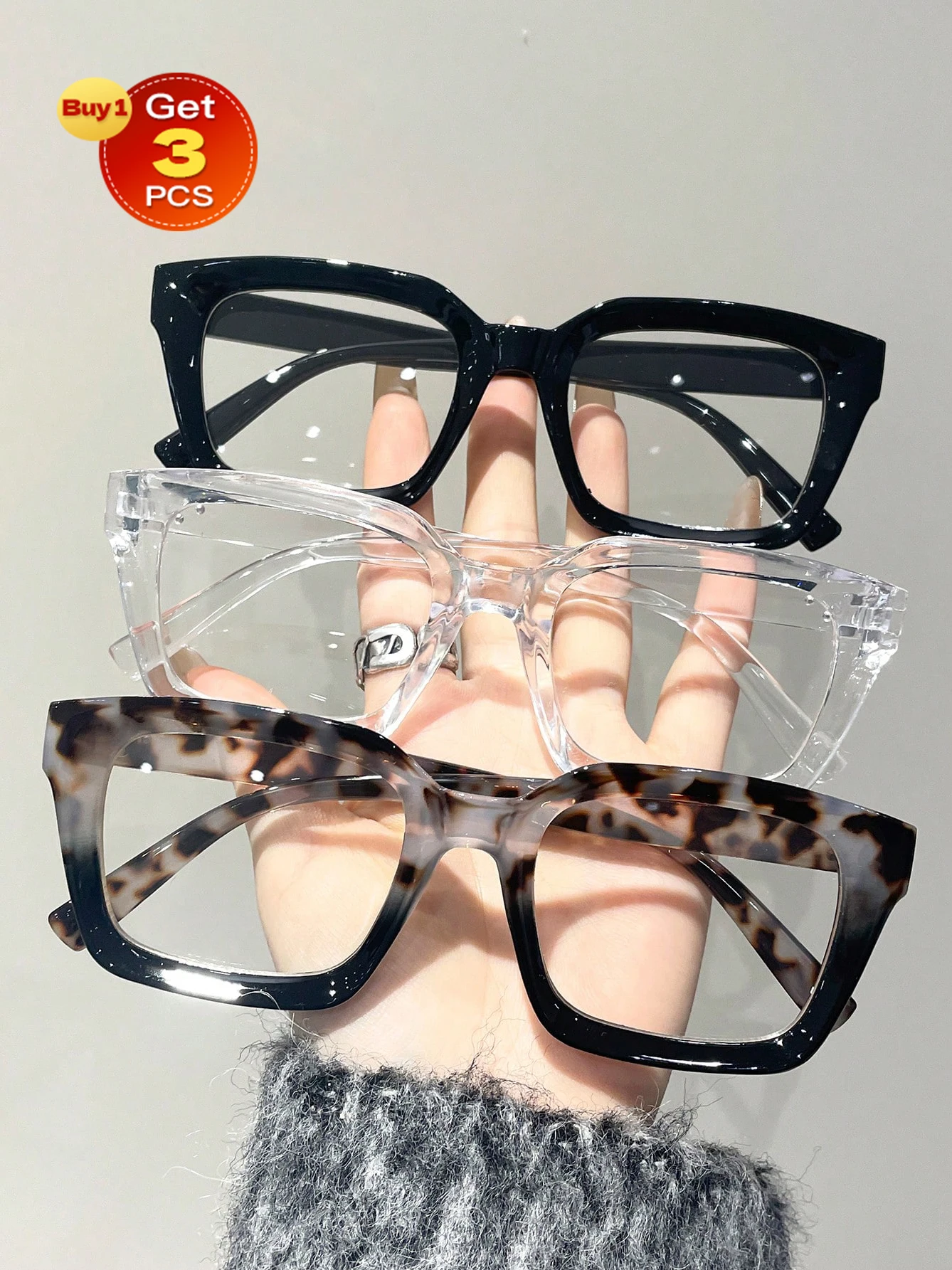 3Pcs Unisex Square Plastic Frame Casual Trendy Clear Glasses For Daily