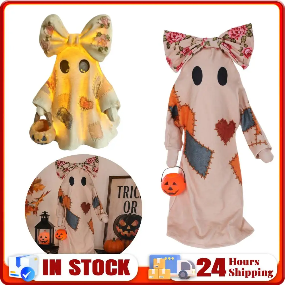 Halloween Decor Patchwork Ghost Bowknot Battery Operated Retro Spooky Ghost Desktop Lamp for Home Office Party & Indoor Use