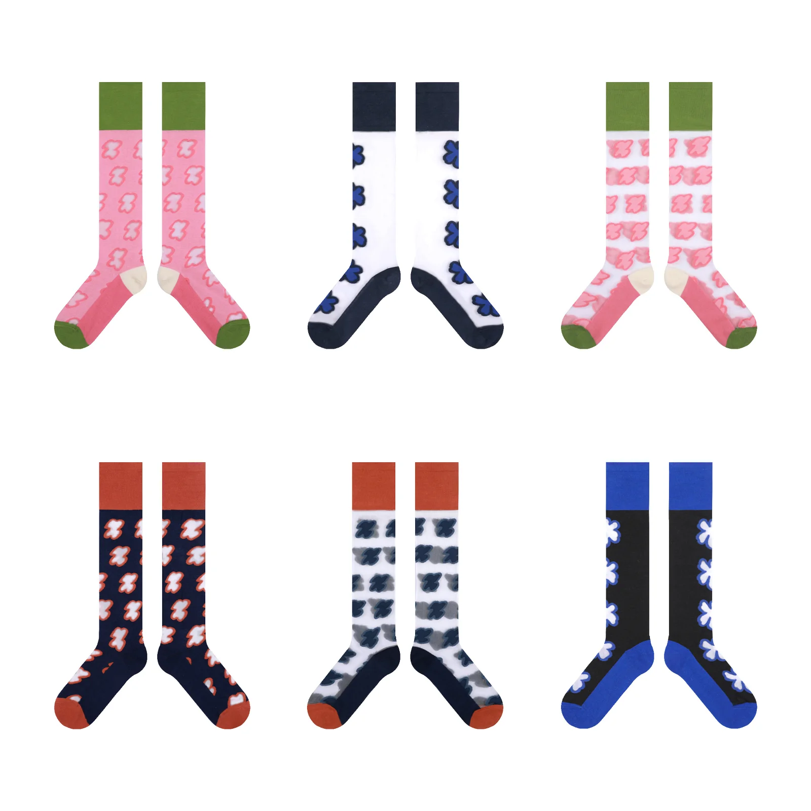

Women Thin Calf Socks Sweet Floral Glass Fiber Splicing Colorblock Stockings