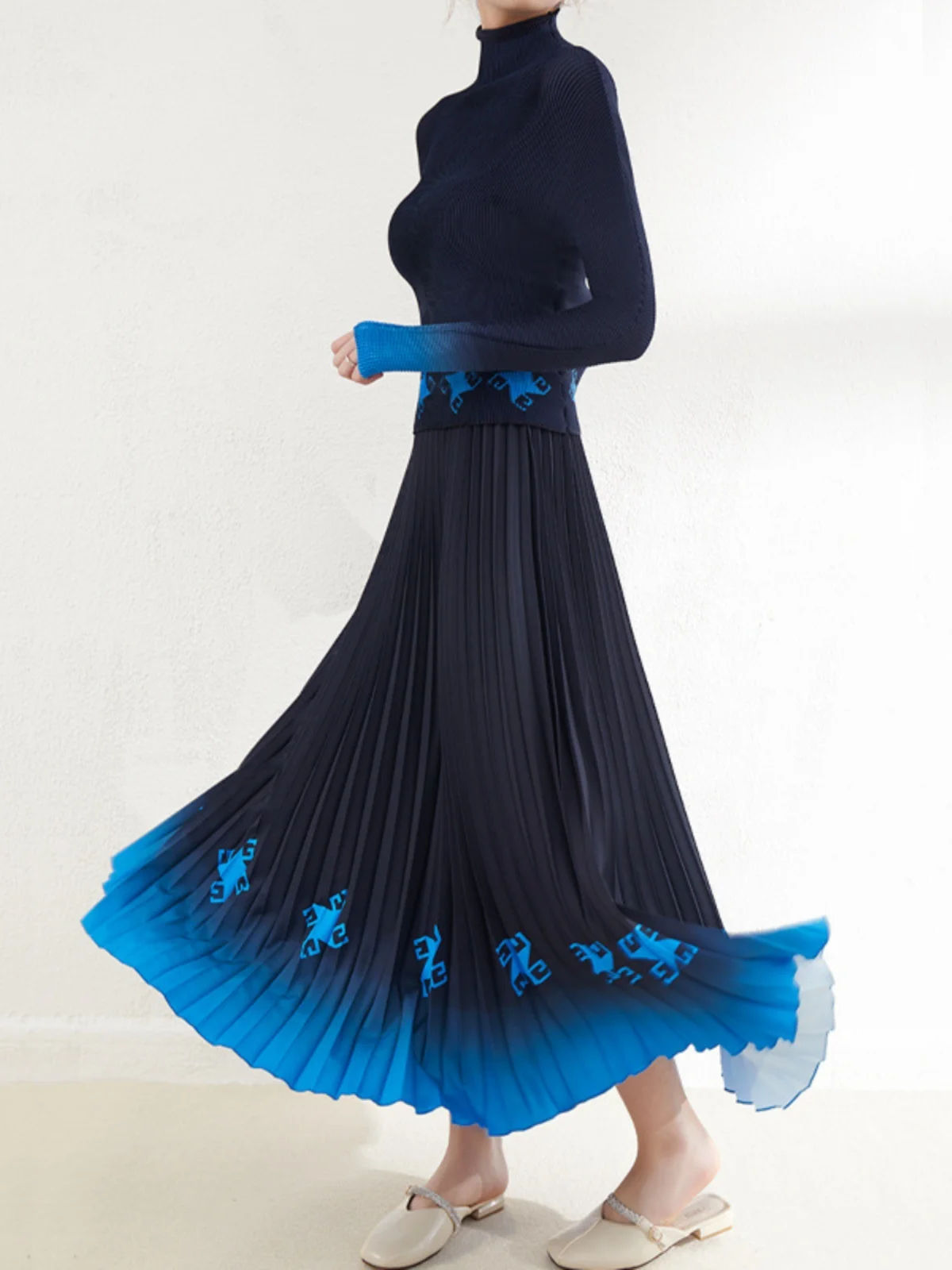 

Faionable adient Print Set High Waist Pleated Skirt Slimming Loose plus Size Women's Clothing Middle East Cross-Border Vi...