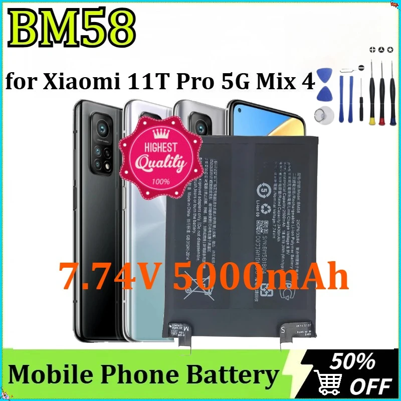 

For Xiaomi 11T Pro 5G Mix 4 New BM58 High Capacity Battery Replacement Mobile Phone Backup Battery 7.74V 5000mAh + Tools