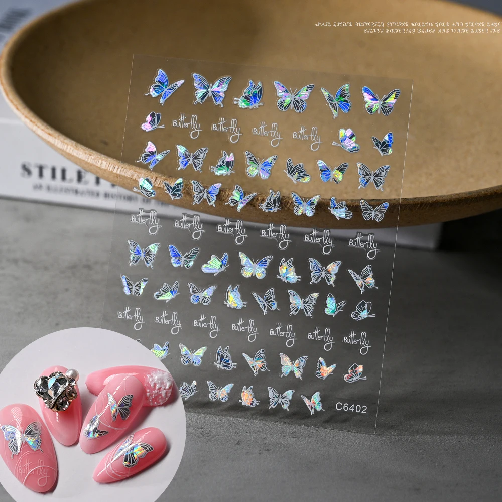 1pc Laser Butterfly Nails Stickers 3D Holographic Shiny Sliver Gold Design Fairy Fluidic Butterflies Stars Manicure Decals #NK