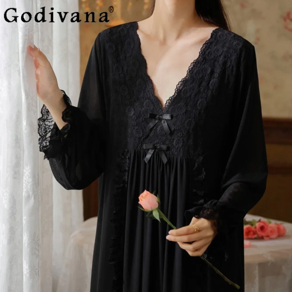 

Vintage Lace Black Women's Sleepwear Court Style Pajamas Seduction Nightgowns Robe Outer Robe Homewear Set Dress