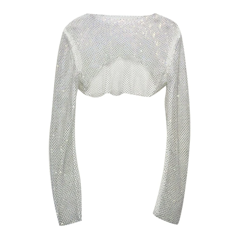 652F Women Glitter Rhinestones Fishnet T-Shirt Sparkly Long Sleeve O-Neck Crop Top Sexy See Through Club Party Cover Up