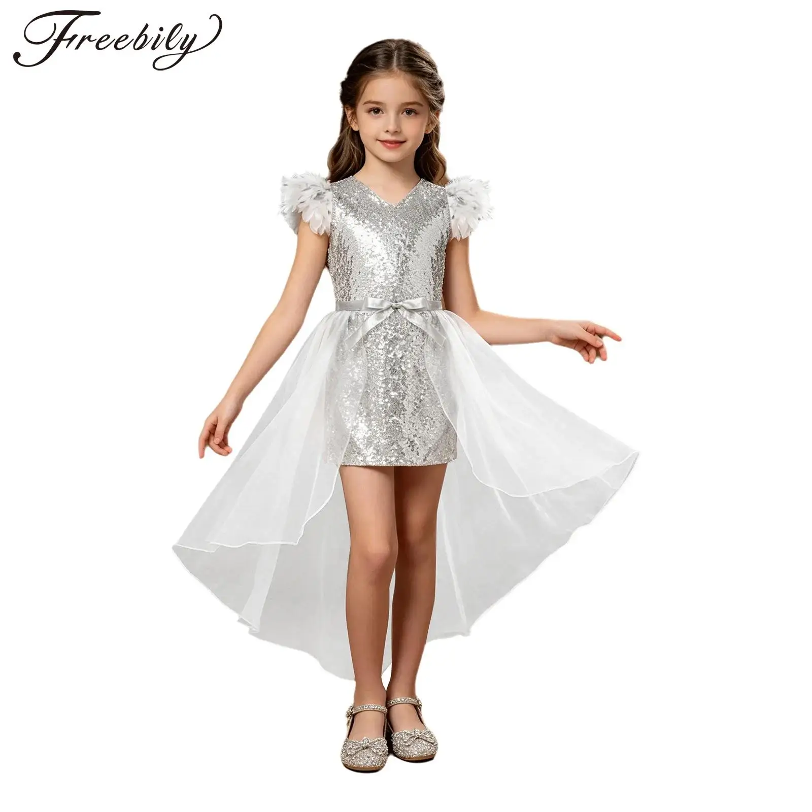 

Kids Girls Glitter Sequin Modern Jazz Dance Dress Stage Dancewear Dresses Feather Shoulders Bodycon Dress with Sheer Overskirt