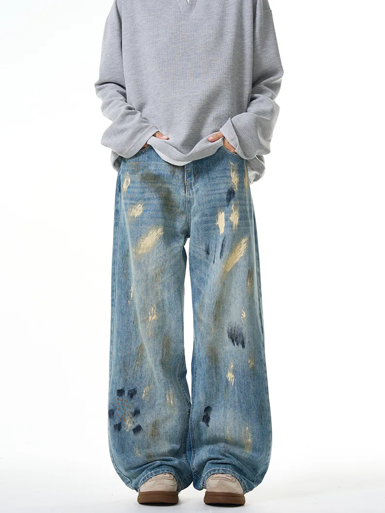 Retro Paint Splash Ink Jeans Men's Women's Straight Loose Wide Leg Casual Pants Pockets Literary