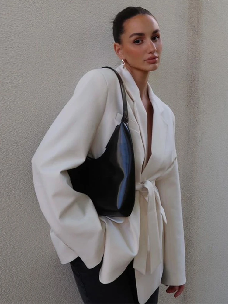 Urban Blazers Coat Women Casual Elegant Lapel Belt Long Sleeve Pockets Turn-down Collar Tops 2025 Autumn New Lady Chic Outwears