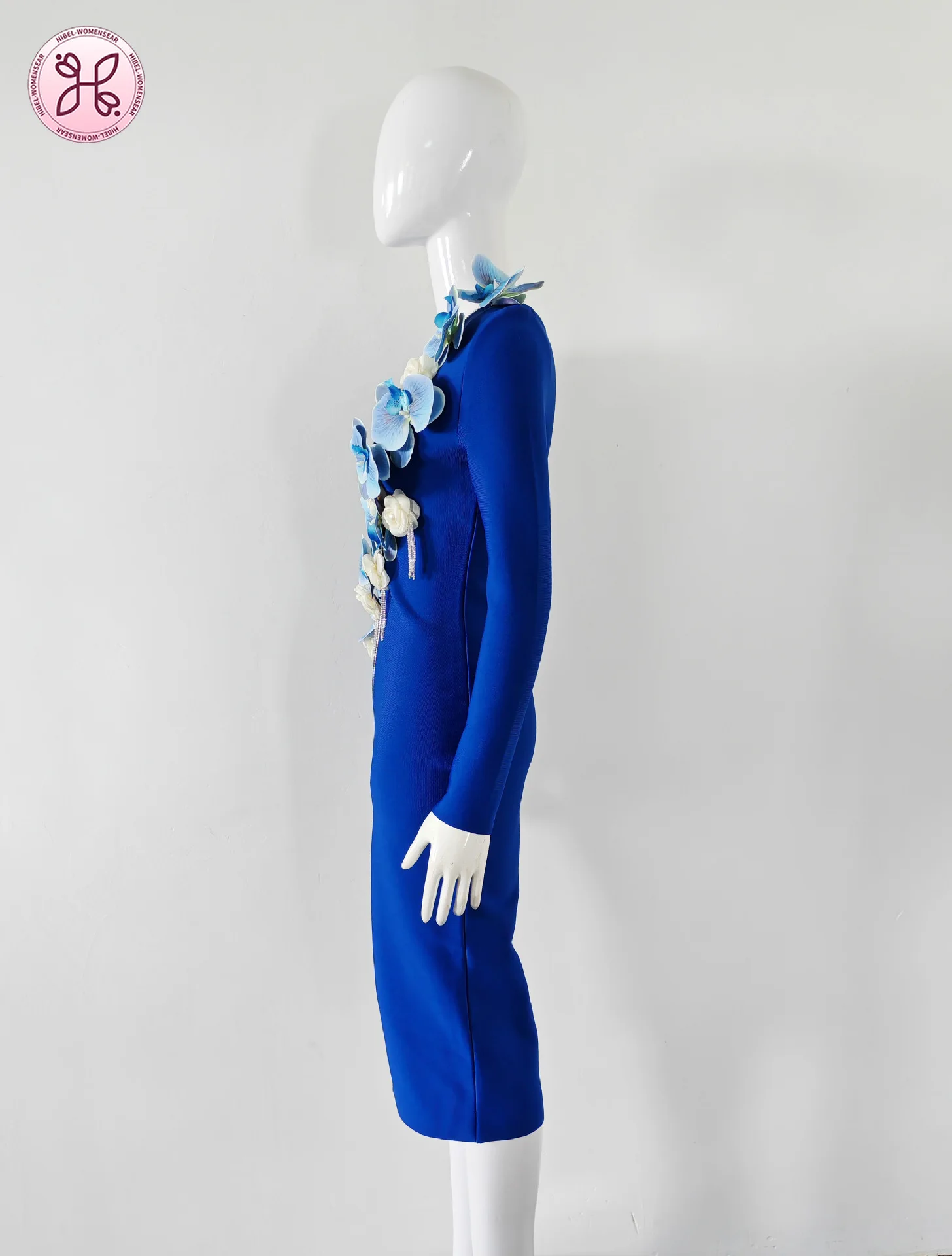 Blauwe kleur dames lange mouw sexy ritssluiting bloemen bodycon midi bandage jurk avondfeest vieren cocktail outfit