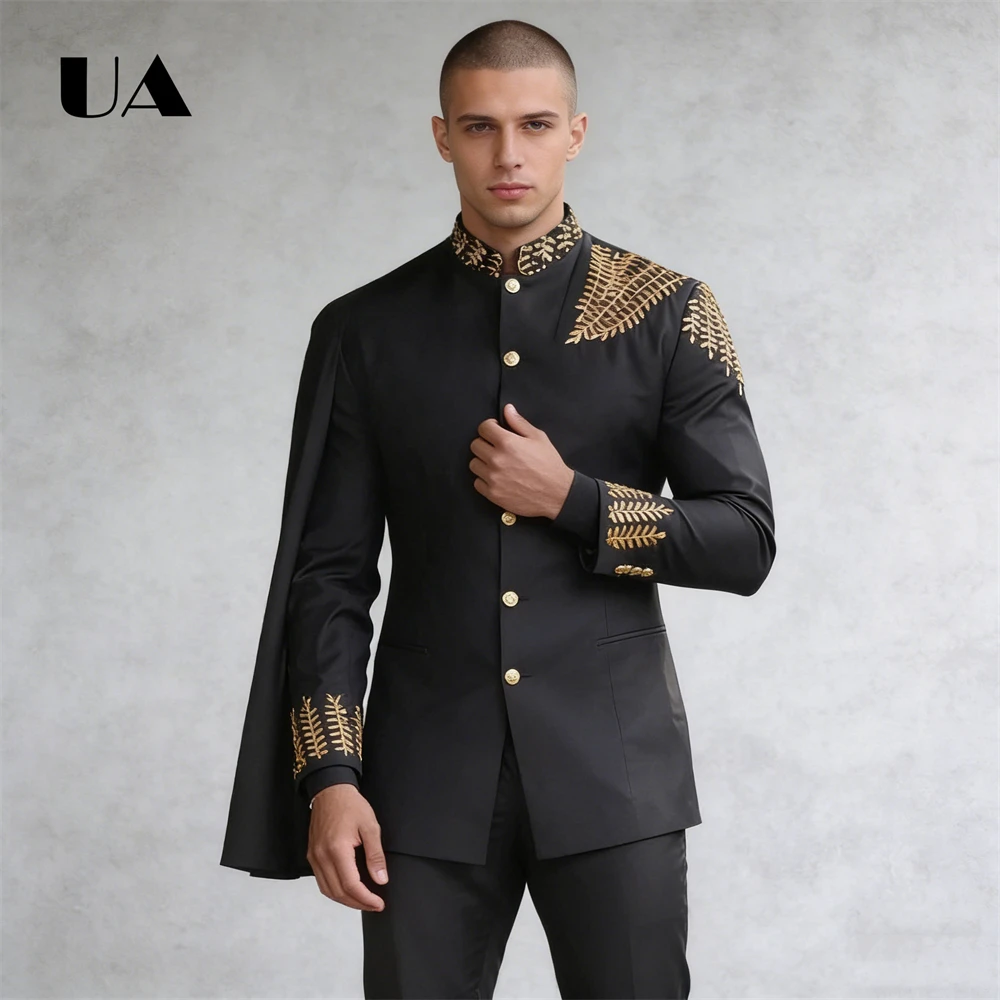 

Роскошный комплект костюма в арабском стиле, комплект из 2 предметов, куртка и брюки, сшитый вручную бусины, воротник-стойка, костюм Attires Pageant, официальные костюмы