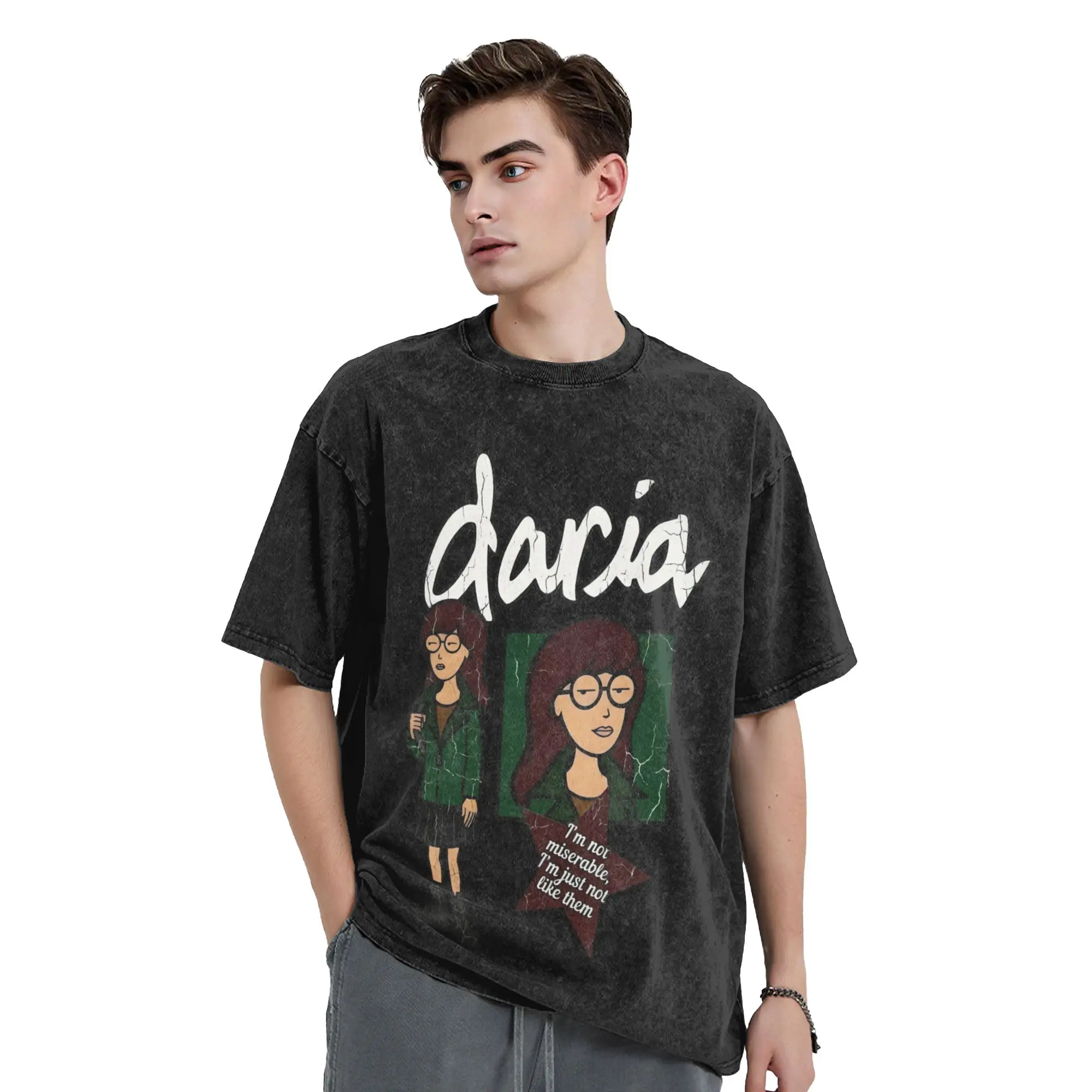 Darias I'm Not Miserable I'm Just Not Like Them 90s Animated Washed T Shirt Streetwear T-Shirt Tees 100% Cotton Oversize Printed