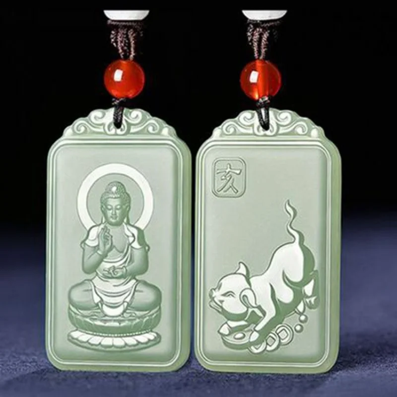 Double-sided Hetian jade Buddha pendant, Void Hidden Bodhisattva, suitable men women of Ox and Tiger zodiac