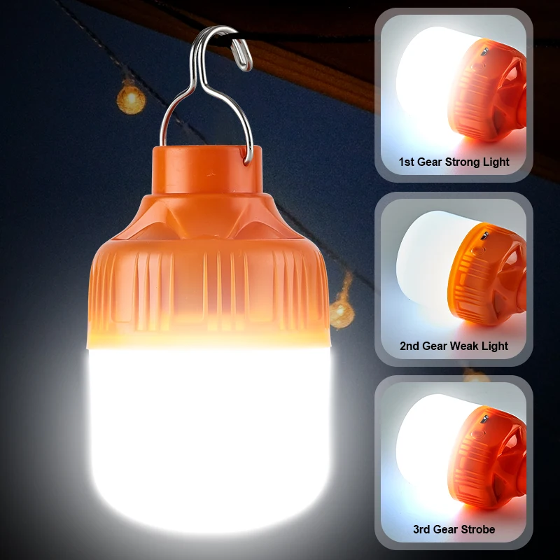 2pcs Camping Light USB Rechargeable LED Emergency Lamp Outdoor Portable Lanterns with Hook for BBQ Tents Battery Bulb