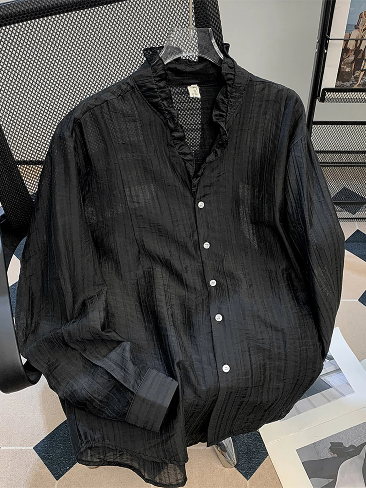 Spring Autumn V-neck Ruffles Shirt For Men Solid Color Simple Single Breasted Top French Fashion Elegant Male Shirts