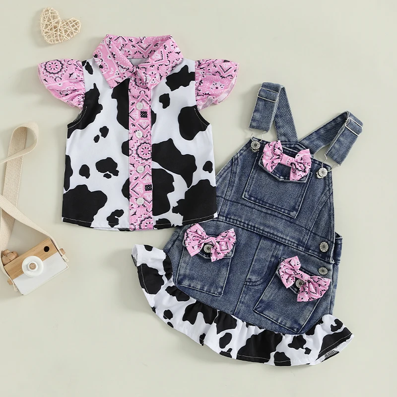 Toddler Cowgirl Outfit Kids Denim Overall Dress Set Cow Print Button Up Shirt Jeans Suspenders Skirt with Pockets