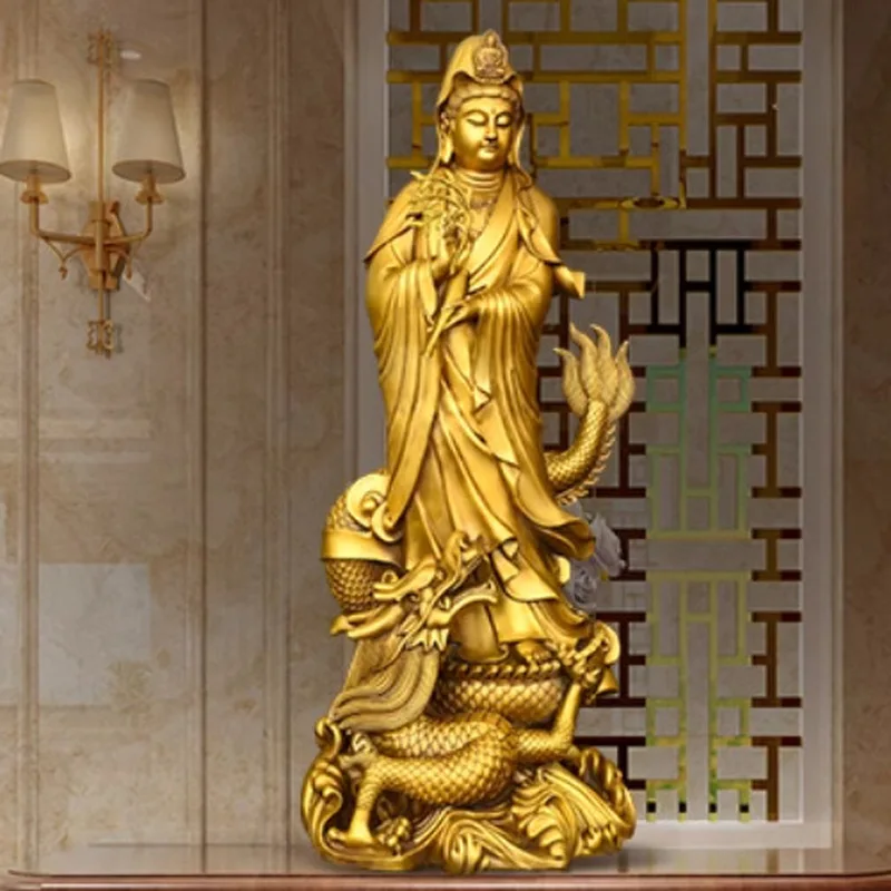 Brass Guanyin Bodhisattva figurine, depicting Guanyin riding a dragon, a decorative bronze statue for home or living room