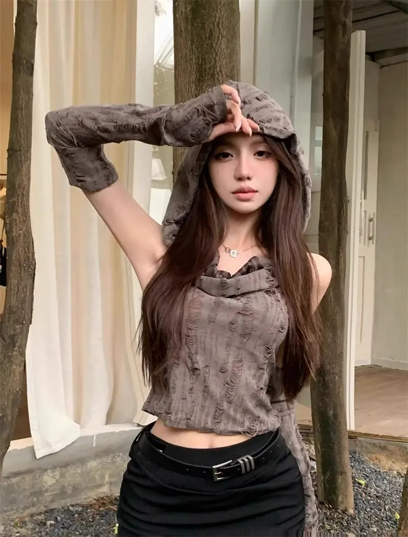 

Crop Tops Woman Tshirts Fashion Korean Camisetas Hooded Long Sleeve Tunic Tees 2025 Ropa Mujer Harajuku Hole Y2k T Shirt
