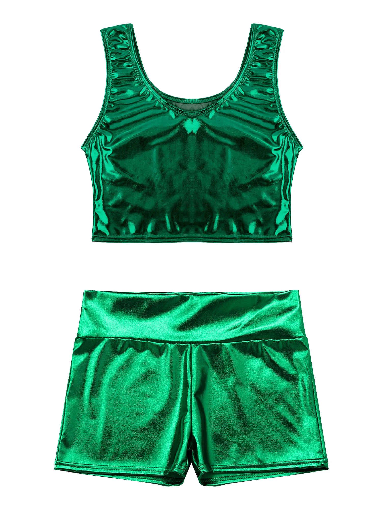 Womens Metallic Shiny Patent Leather Club Pole Dancing Outfits Scoop Neck Tank Crop Top Vest with High Waist Hot Pants Dance Set