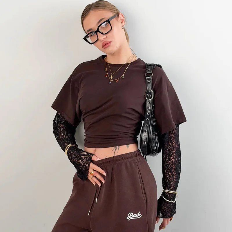 

Tuularose Casual Lace T-Shirt Summer New Solid Lace Patchwork Long-Sleeved Tops Elegant Vintage Commuter Women's Tops Clothes