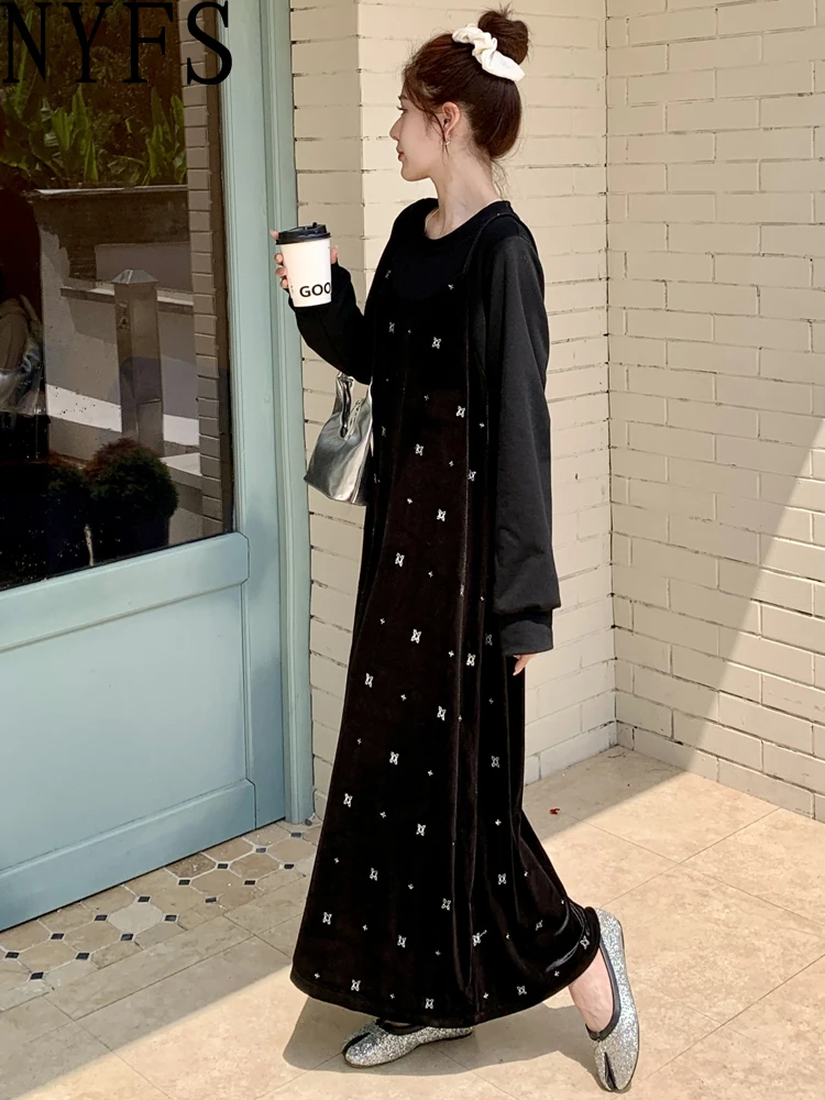 NYFS 2024 Winter New Korea Embroidery Women Dress Vestidos Robe Elbise Loose Plus Size Fake Two Pieces Velvet Long Dresses