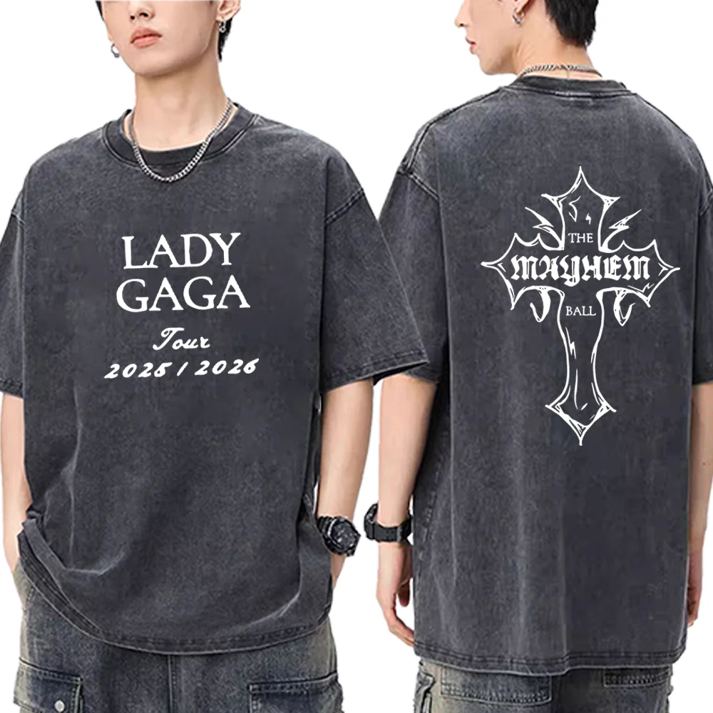 

Lady Gaga MAYHEM Cross Cutoff Vintage Washed T shirt Men Women's Hip Hop streetwear short sleeve Cotton t-shirts plus size tops