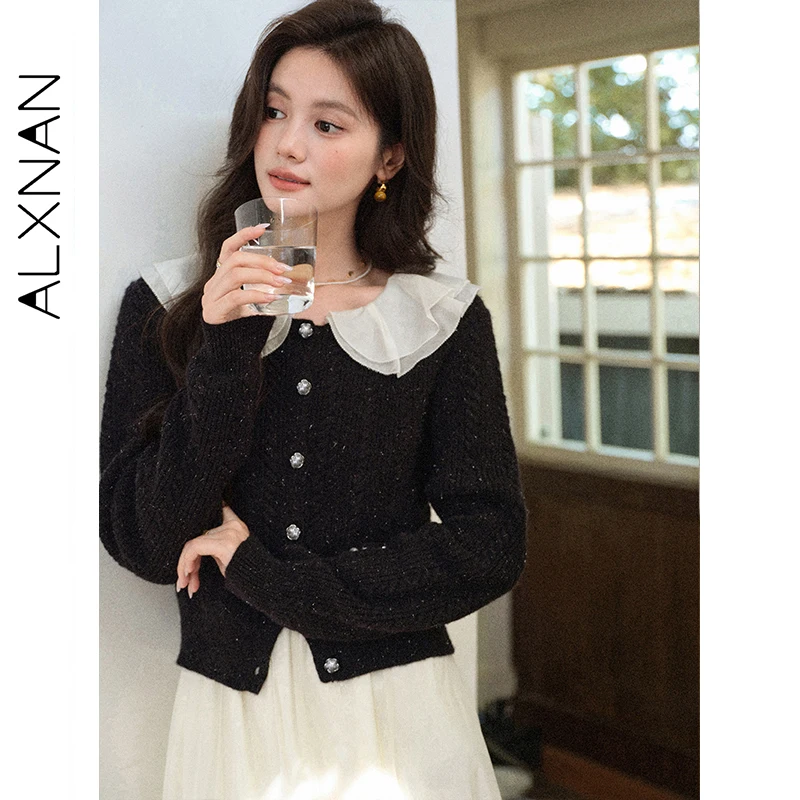 

ALXNAN женские свитера черного цвета с воротником Питера Пэна и пуговицами, вязаные кардиганы с карманами, мягкие повседневные модные топы L57950