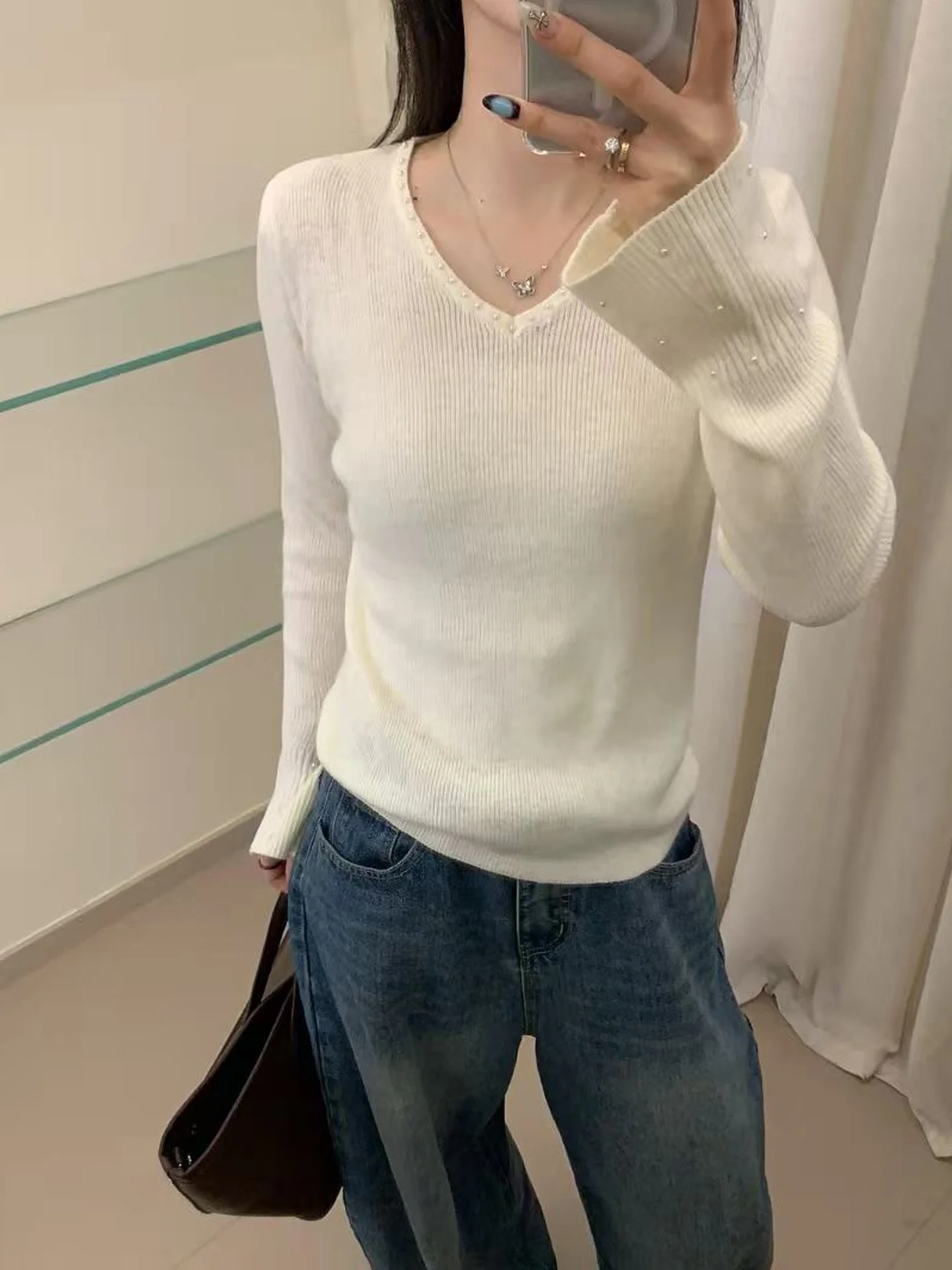 ملابس محبوكة متعددة الاستخدامات بتصميم نحيف، سترة كشمير أنيقة بياقة على شكل V وأكمام طويلة، أزياء شتوية عصرية على الطراز الكو... #5