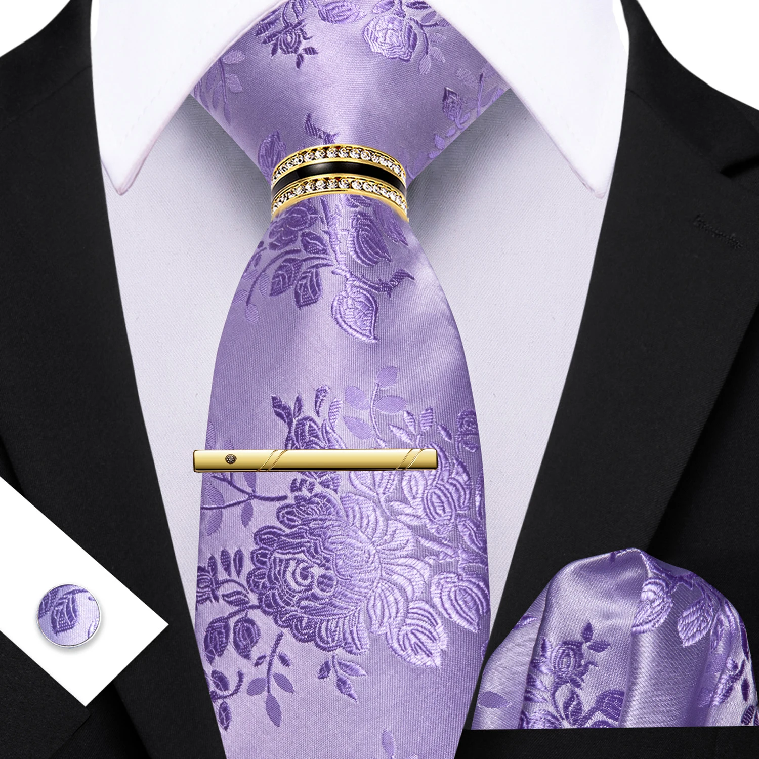 Klassisches Herren-Krawatten-Set mit Blumenmuster in Lila und Dunkelgrün mit passendem Einstecktuch und Manschettenknöpfen, lässige Krawatten-Accessoires