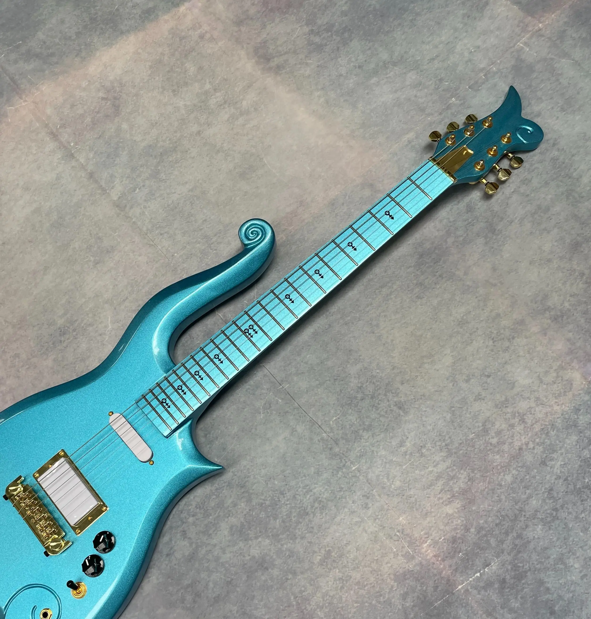 Cloud Shape Electric Guitar, Lake Blue Metallic Sparkle, Gold Hardware, Single-Coil + Humbucker, Prince Symbol Inlays, 22 Frets