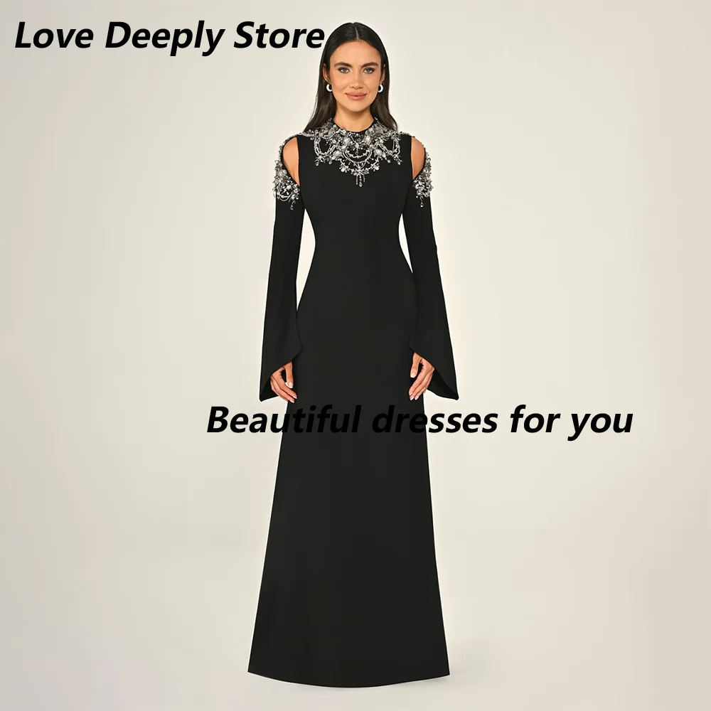 

Crystal Beadings O-Neck Evneing Dress Customized Long Sleeves Black Jersey Floor Length Party Gown Saudi Arab Formal Dresses