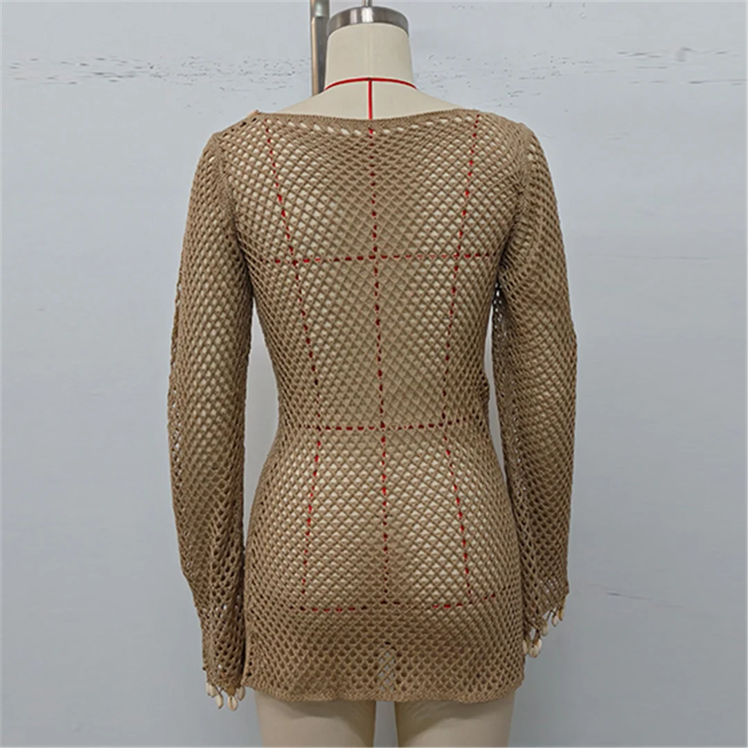 Gekräuseltes, langärmliges, ausgehöhltes, gehäkeltes, gestricktes Strandkleid, Strandmode, Strandbekleidung, Strand-Cover-up, Damen V7145 – Detail 15