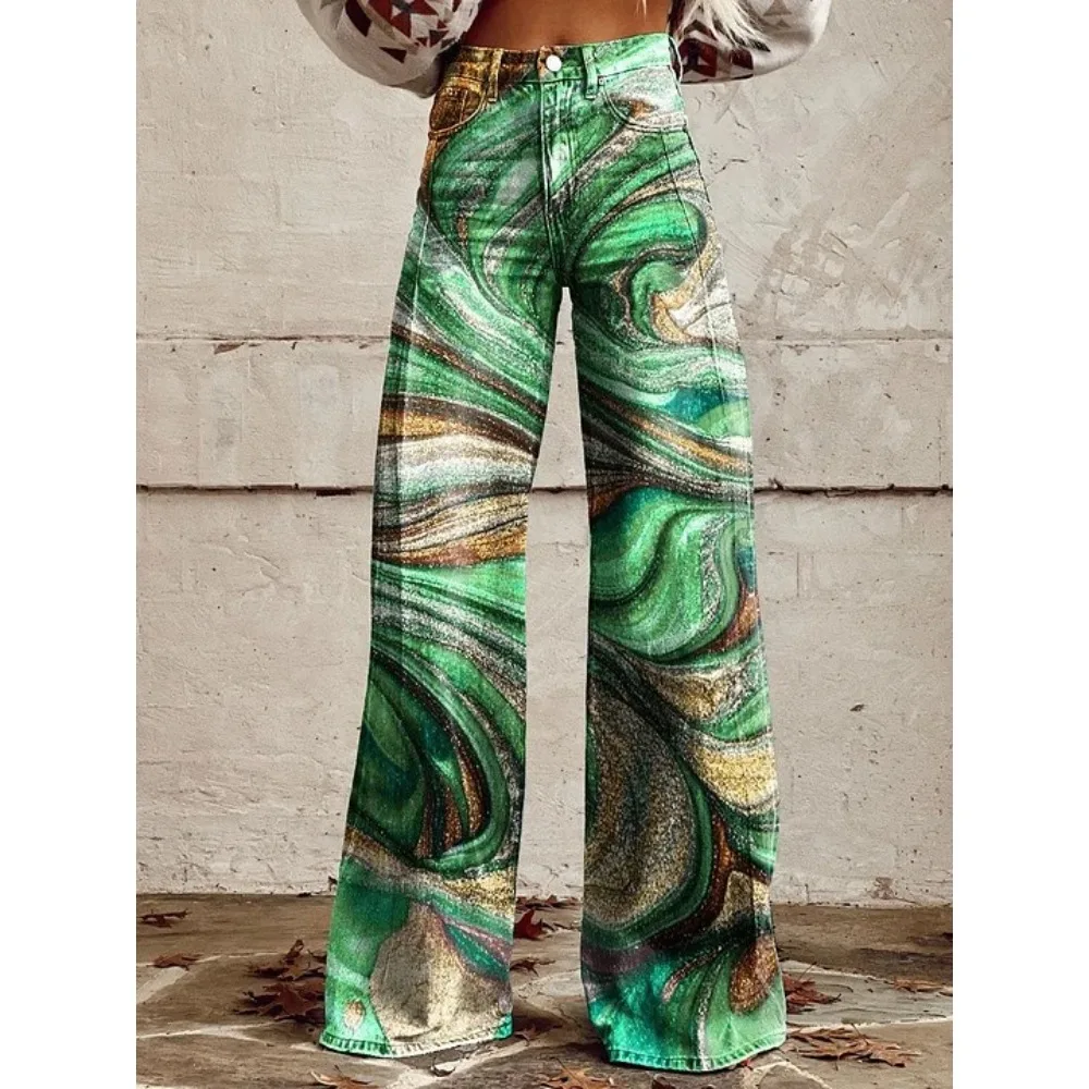 Harajuku Bohemian Art Print Palazzo-Hose mit hoher Taille und weitem Bein, Baumwolle, lässige, locker sitzende Hose mit Taschen, Damen-Punk-Hose – Detail 8