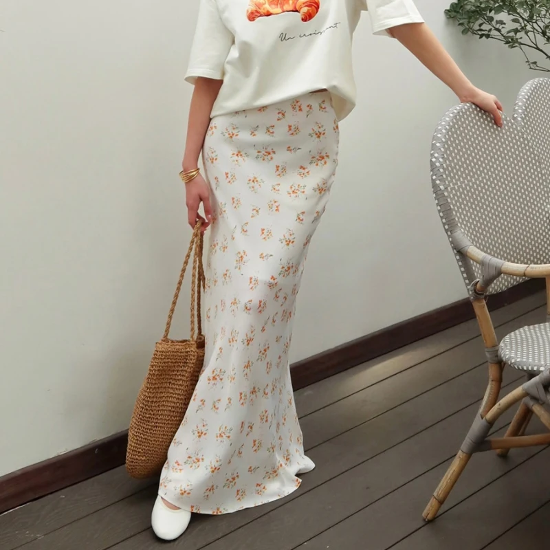 

Винтажная атласная юбка с цветочным принтом для женщин, в уличном стиле, с завышенной талией, элегантная, длиной до щиколотки, А-силуэт, 2026