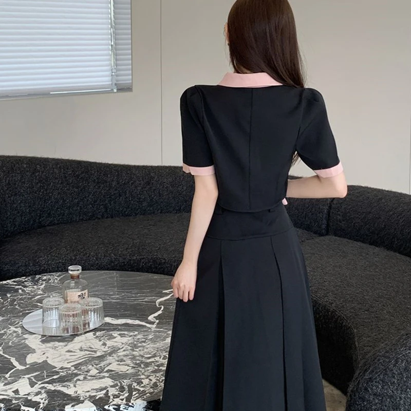 Women Preppy Style Patchwork Coat Skirts Two Piece Dress Set Summer 2023 Korean Lady Graceful Short Jacket Skirt with Waist Suit