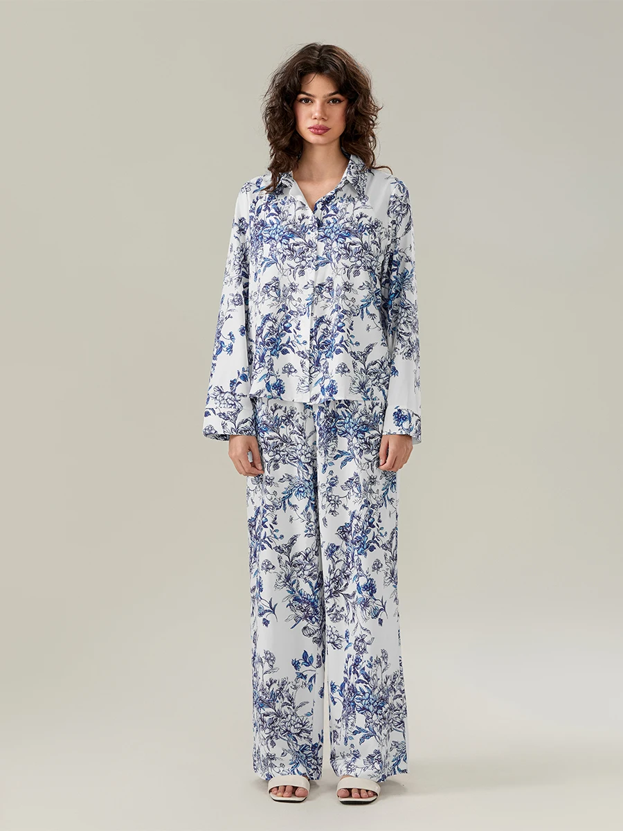 New Women Floral Print Pajama Set Lapel Neck Button-Up Long Sleeve Tops Long Pants 2-Piece Loungewear Outfit Hot Sale S-XL