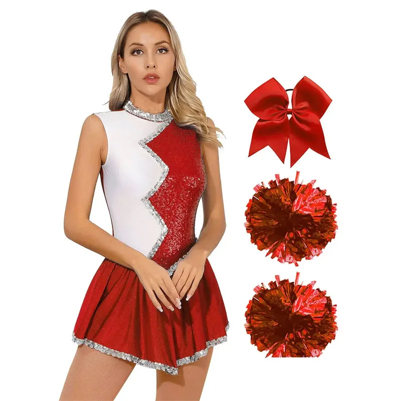 

Womens Cheer Leader Uniform Outfits Carnival Dance Themed Party Cheerleading Costume with Pom Poms Cosplay Schoolgirl Dancewear