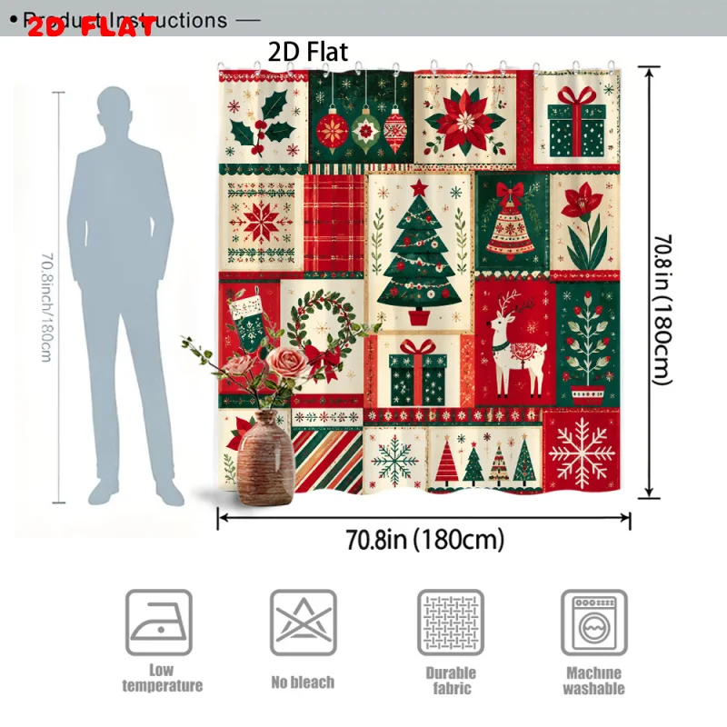 1pc Vintage Christmas Shower Curtain Suitable for Bath Tub Enclosure - Quilted Winter Theme with Snowflakes, Deer, Bells, Raspberry Wreath Pattern, Hooks Included, Machine Washable Bathroom Decor for Holiday Gifts