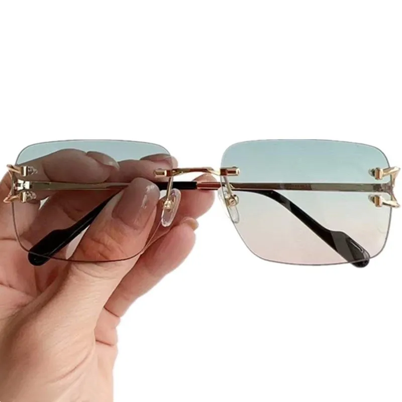 Luxury  Unisex Pure-Titanium Rimless Sunglasses Uv400 LightweighBig Square Lens Fashion Gradient Double Color Goggles57-18