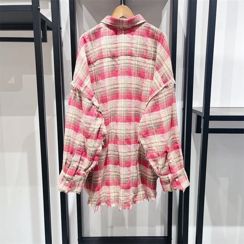 2023 Autumn Unisex Plaid Shirt Tassel Trim Loose Turn-down Collar Single Breasted Vintage Female Long Sleeve Blouse