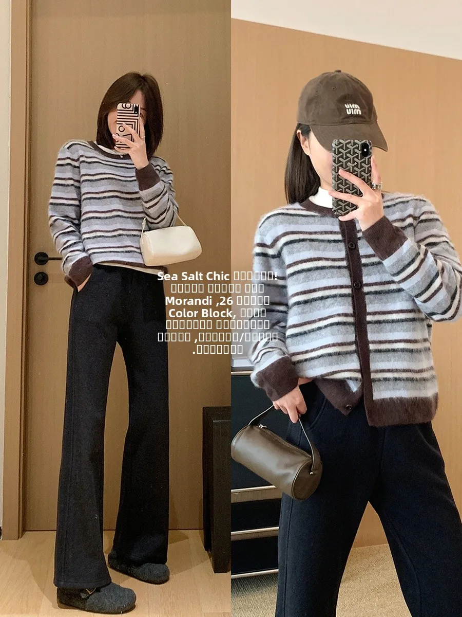 

Women's Knitted Woolen Sweater Double Version round Ne Stripe Pattern Casual Loose Fit Long Sve Warmth Inner Wear