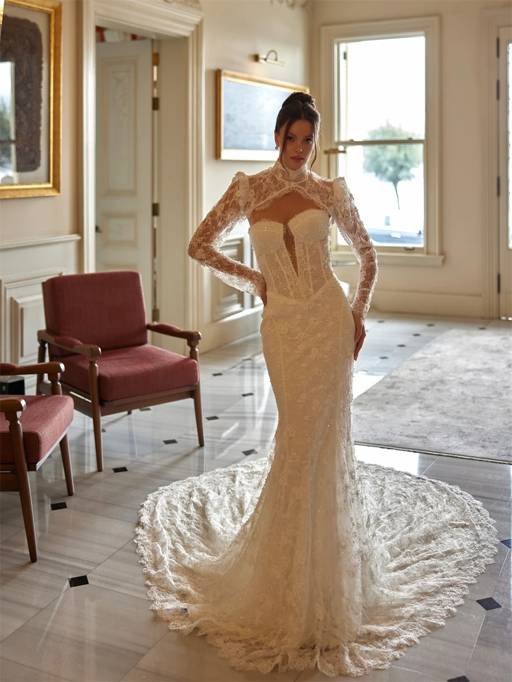 فستان زفاف بوهو عاجي مخصص من الدانتيل كلاسيكي على شكل قلب بدون أكمام زي العرائس حالمة حورية البحر ذيل محكمة فيستدو دي نوفيا