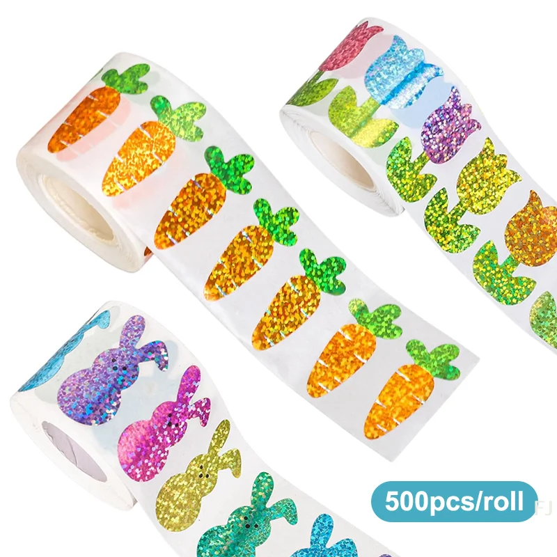 

[YU] 500 шт./рулон Пасхальный кролик морковь наклейки голографические водонепроницаемые наклейки для охоты на пасхальные яйца, украшения для вечеринок, скрапбукинга