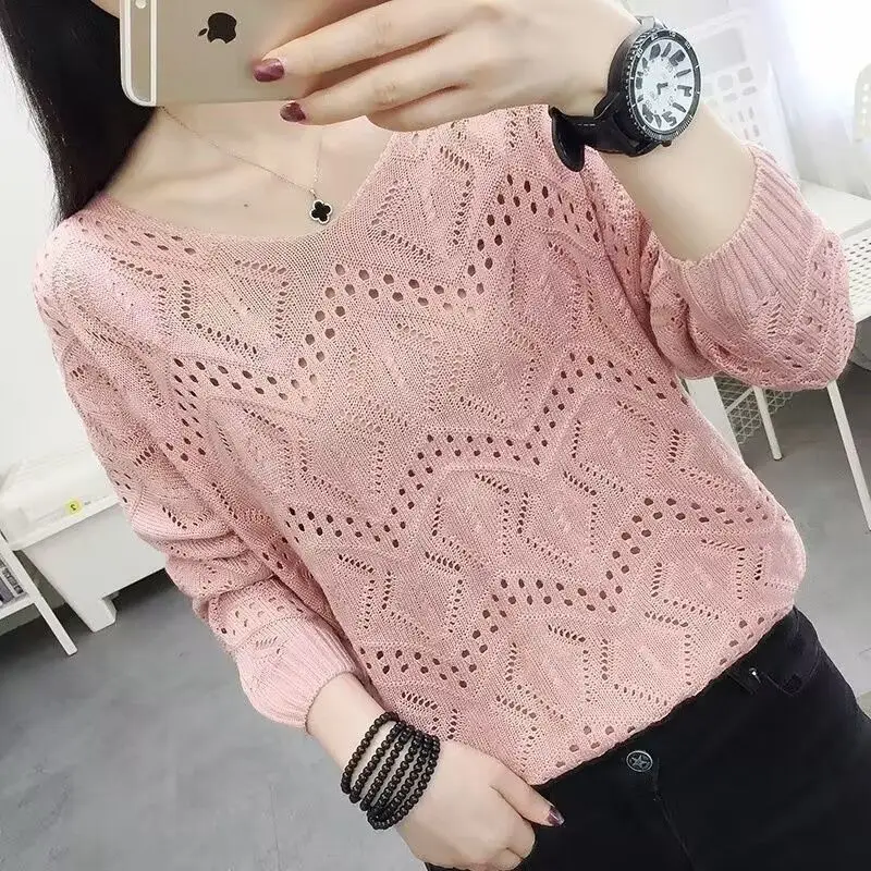 New Women\'s V-neck Hollow Knitted Shirt for Women Thin Edition, Early Autumn Top Versatile Hoodie Trendy Outfit