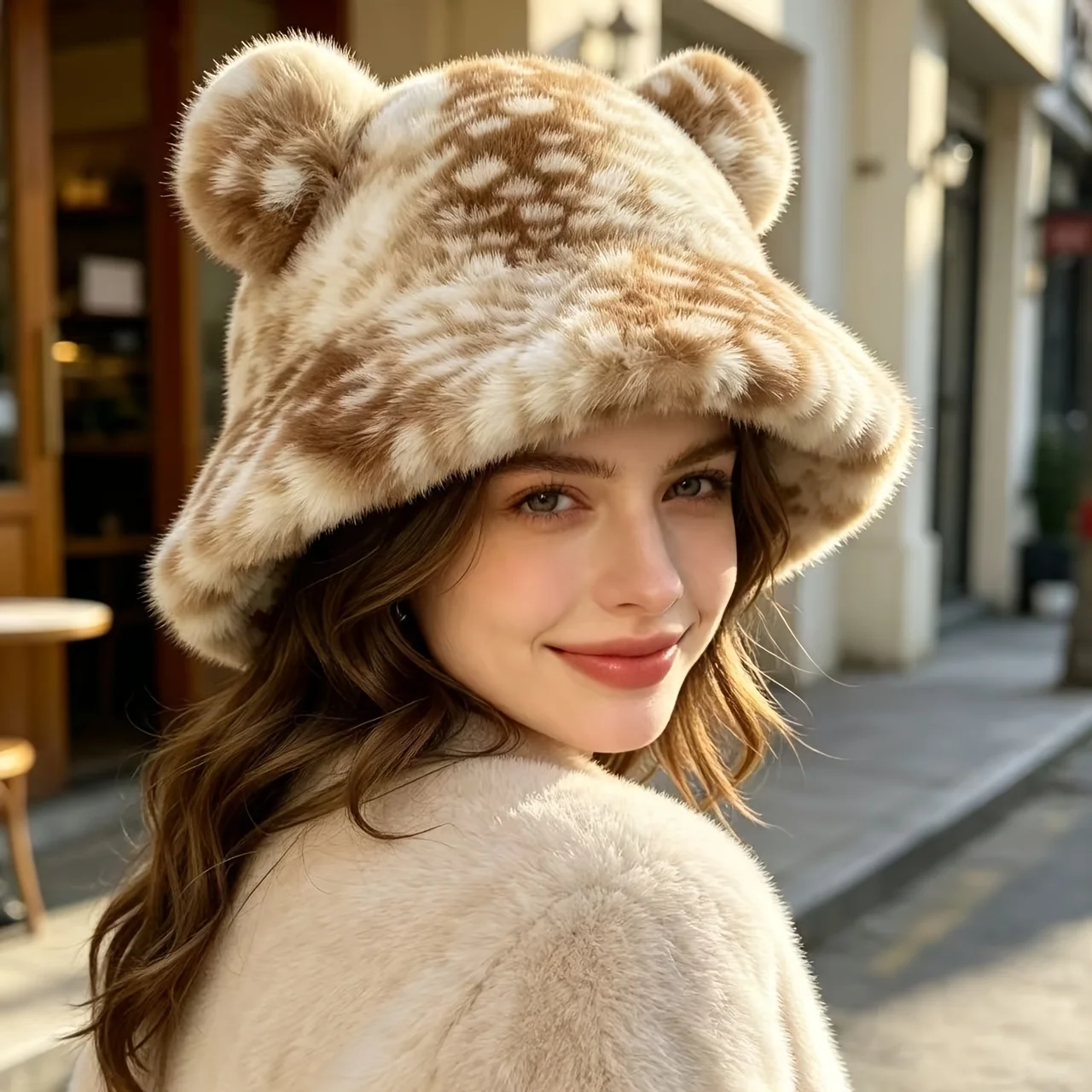 Women's Cute Bear Ear Faux Fur Fisherman Hat, Winter Thickened Fluffy Warm Plush Bucket Hat, Fashionable Leopard Print Cold-Proof Hat, Suitable for Daily Wear, Outdoor Activities, Travel, and Holidays